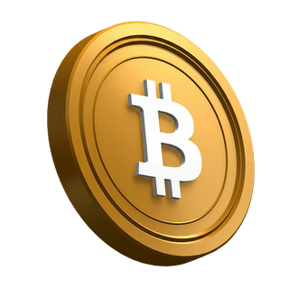 Moneda de Bitcoin (BTC) en posición inclinada dentro del diseño de la sección hero